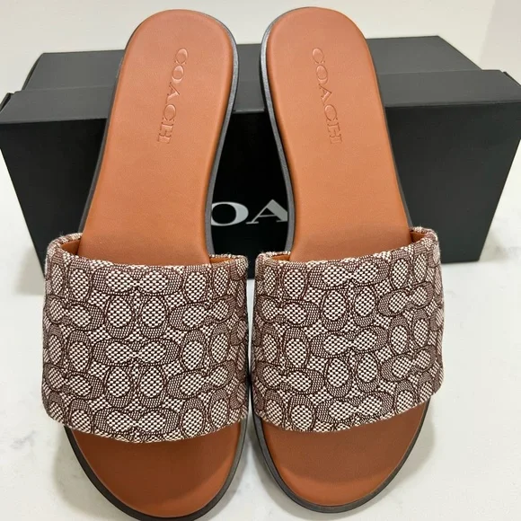 Coach Tan & Brown Signature Monogram Slide Sandals - Picture 4 of 12